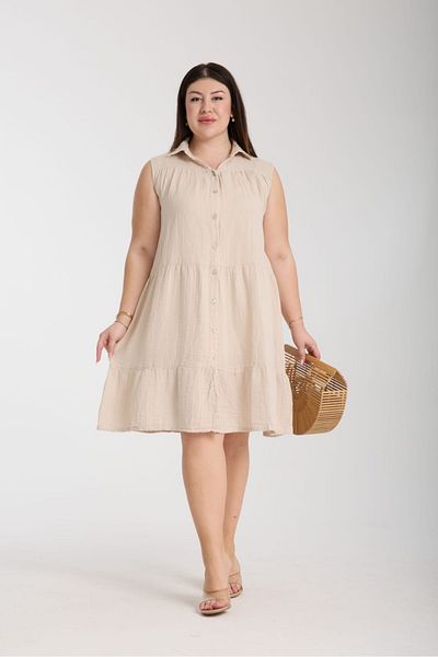 Dejabrew Jeans Beige Muslin Sleeveless Shirt Dress Plus Size A072-1