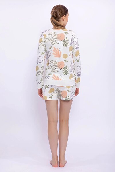 Pierre Cardin Soft Leaf Pattern Krem Kadın Uzun Kol Şort Takım