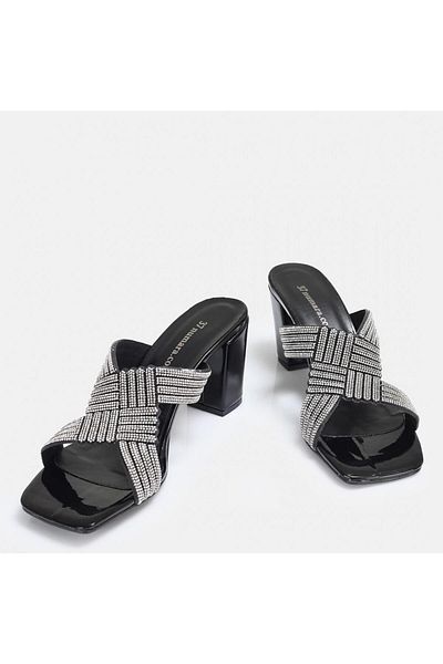 37Numara Large Size Women's Evening Dress Heel Slippers 41-42-43-44-Black Stone