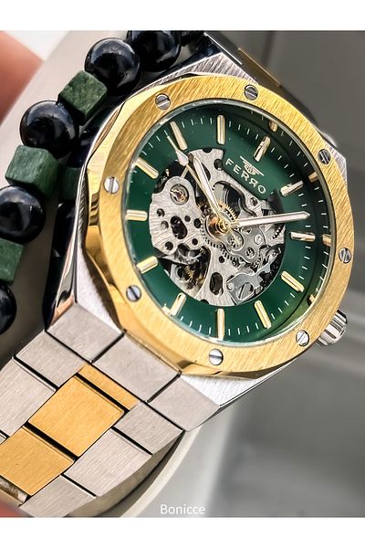 FERRO Men's Wrist Watch, Automatic (Without Battery), Yellow Green Color, Steel Band, Stylish in Box Bracelet Gift