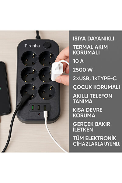 Piranha Akım Korumalı 6’lı 2 Metre Uzatma Kablosu –10a, 2500w,