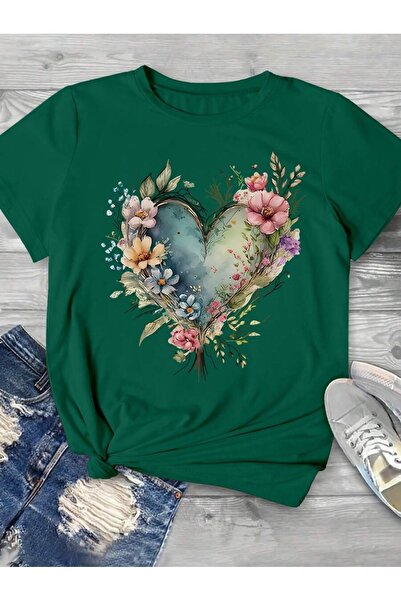 PALPİTO Ženska nafta zeleno cvetno srce Štampano Oversize kroj T-shirt