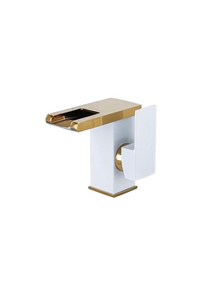 Blackswan Design Baterie chiuveta baie, Blackswan, Tip M243, alb/ auriu scurt cu pipa tip cascada si LED, 12.5 cm