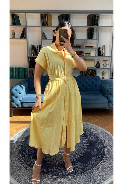 NIDAFASHION Short Sleeve Half Lined Belt Shirt Collar Full Button Slim Linen Dress