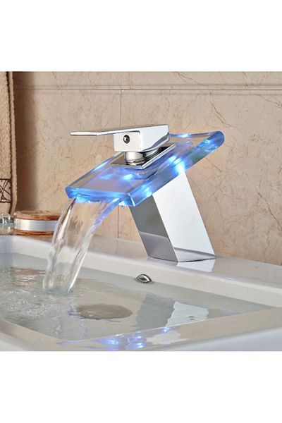 Blackswan Design Bathroom sink faucet with LED, Blackswan, Waterfall type M6, tempered glass, 11.3 x 13.7 cm