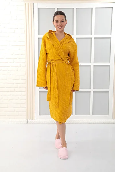 Almir Home Hooded 4 Layer Muslin Bathrobe Unisex - Mustard Color
