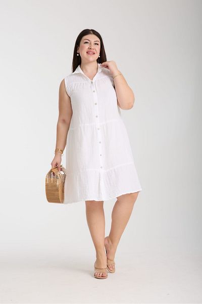 Dejabrew Jeans White Muslin Sleeveless Shirt Dress Plus Size A071-1