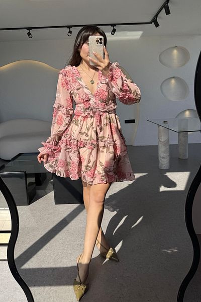 Afiş Butik Powder Pink Floral Patterned Backless Mini Dress