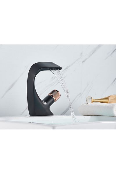 Blackswan Design Bathroom sink faucet, Blackswan, Waterfall type M47, black/rose gold model, size 19 cm