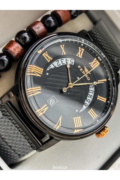 FERRO Men's Wristwatch, Black Mesh Steel Band, with Calendar, Bracelet Gift