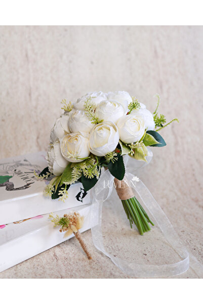 Luvienn Kremrengi Şakayık Gelin Buketi-Yeşillikli Şakayık Gelin Çiçeği Damat ...