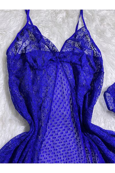 Le Tonnerre Women's Plus Size Saks Blue Thong Tulle Nightgown Suit