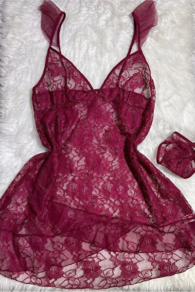 Le Tonnerre Kadın Büyük Beden Vişne Tül Tangalı Gecelik Takım