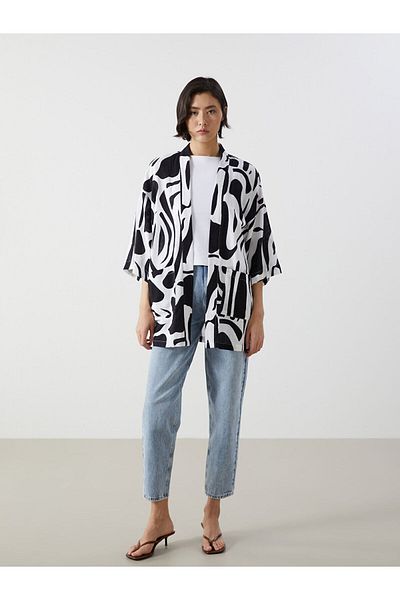 LC Waikiki Shawl Collar Patterned Linen Look Women's Kimono