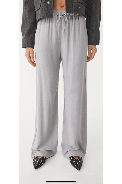 polle Women's Gray Linen Blended Loose Fitting Trousers