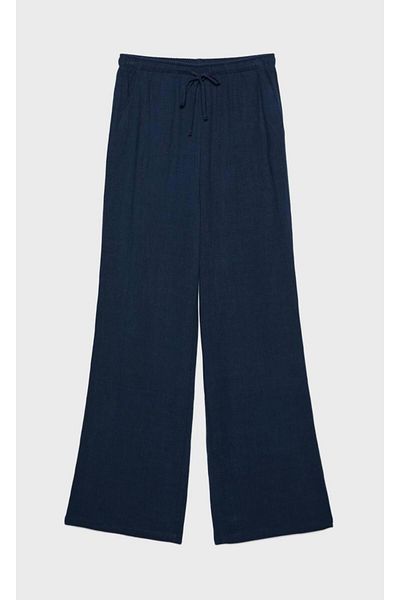 polle Women's Navy Blue Linen Blended Loose Fitting Trousers