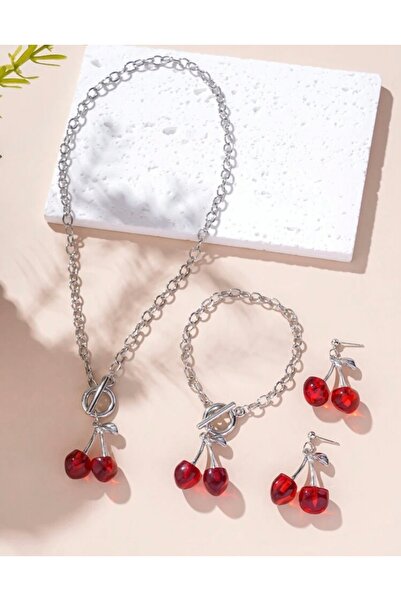 monalisatoka Kadın Gümüş Kirazlı Kolye Bileklik Küpe 3’Lü Set
