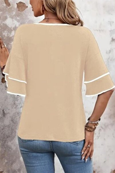 Mossta Μπλούζα από βισκόζη με λεπτομέρεια με κοντό μανίκι σε σχήμα V - Μπεζ