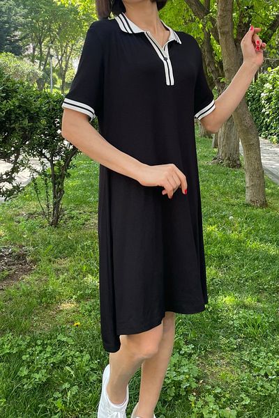AYASOFYA OTANTIK Women's Black Shirt Collar Combed Cotton Short Sleeve Midi Dress