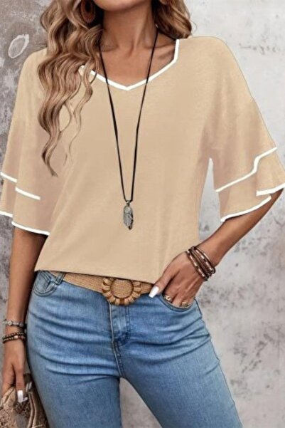 Mossta Μπλούζα από βισκόζη με λεπτομέρεια με κοντό μανίκι σε σχήμα V - Μπεζ