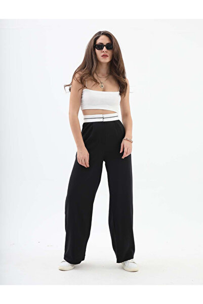 MODA Strıvex Reverse Belt Detailed Black Palazzo Women's Trousers