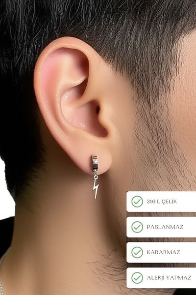 Lynare Compression Magnet Trend Lightning Model Dangle Men's 316L Steel Gray Earring Ear Cuff 1 Piece