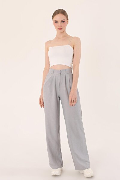 polle Γυναικείο γκρι ψηλόμεσο λινό παντελόνι Palazzo