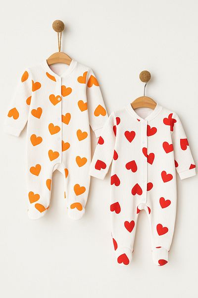 Minytrendy Set of 2 Baby Girl Newborn Jumpsuit Heart Patterned Stretchy Snap Jumpsuit Hospital Release Baby Gift