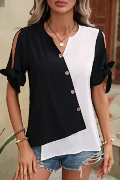 Mossta Asymmetric Cut Color Blocked V-Neck Blouse - Black