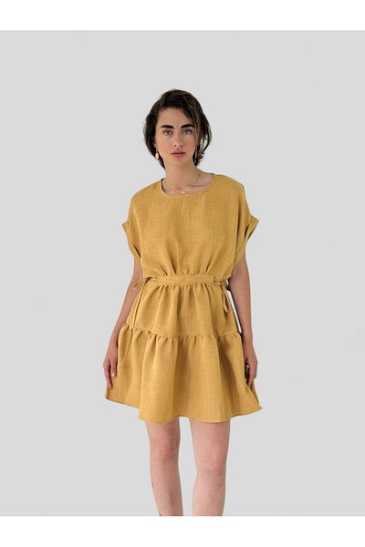 Retrobird Rochie mini de in - Feronerie pentru femei pentru muștar cu design Bloom