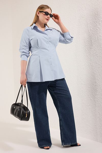 Trendyol Modest Large Size Blue Waist Pleated Cotton Woven Shirt Tctss25Tg00030