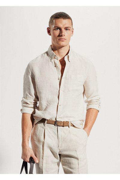 MANGO Man Cămașă pentru bărbați culoare nisip57080618