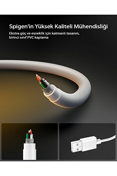 Spigen USB-A to USB-C 2 Metre Kablo 60W Güç/Hızlı Şarj/480 Mbps Data Aktarım Type-C White - ACA08716