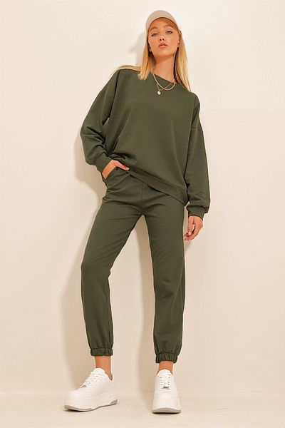 Trend Alaçatı Stili Dámsky khaki cyklistický golier s elastickým pásom a nohami, základná súprava teplákov s dvoma vláknami ALC-507-669-001
