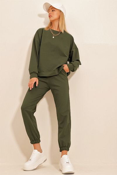 Trend Alaçatı Stili Dámsky khaki cyklistický golier s elastickým pásom a nohami, základná súprava teplákov s dvoma vláknami ALC-507-669-001