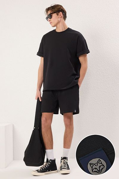 Trendyol Collection Μαύρο Oversize Χοντρό 100% Βαμβακερό Σετ Σορτς Φούτερ