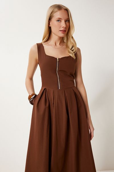 Happiness İstanbul Braunes Midikleid aus Popeline mit Reißverschluss für Damen UB00340