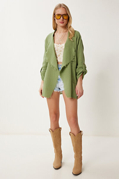 Happiness İstanbul Women's Khaki Fringed Seasonal Muslin Jacket Sa00037