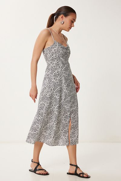Happiness İstanbul Women's Black and White Strap Slit Woven Dress Ns00432