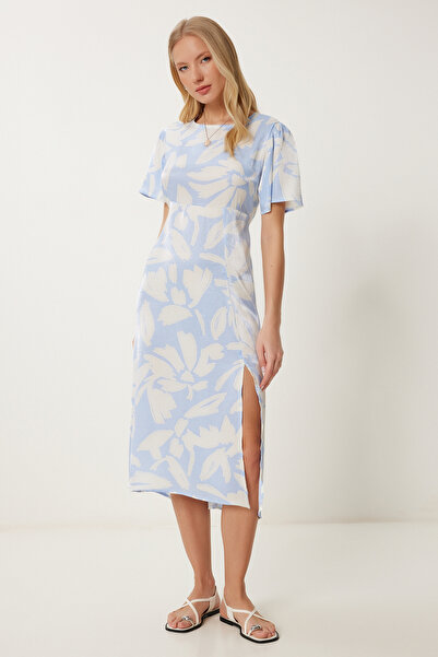 Happiness İstanbul Kadın Gök Mavi Saten Yüzeyli Işıltılı Desenli Viskon Elbise CR00497