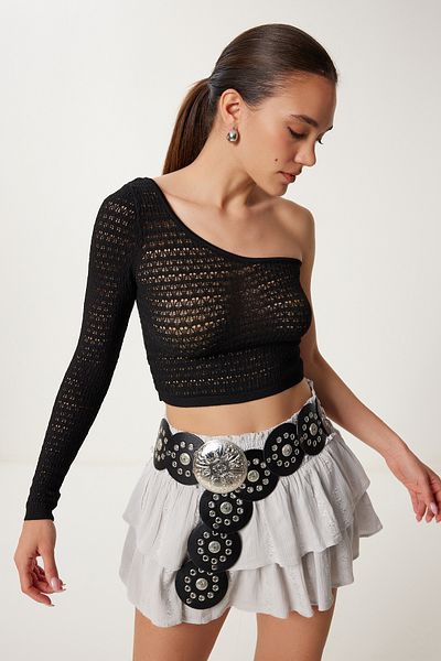 Happiness İstanbul Women's Black Single Shoulder Openwork Flexible Knitted Blouse Ns00430
