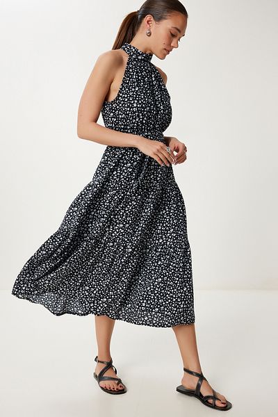 Happiness İstanbul Women's Black Halter Neck Floral Summer Viscose Dress An00238