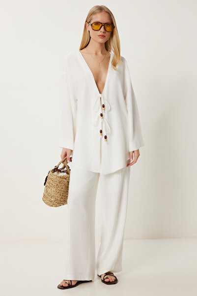 Happiness İstanbul Women's Ecru Linen Kimono Loose Palazzo Trousers Set Rv00208