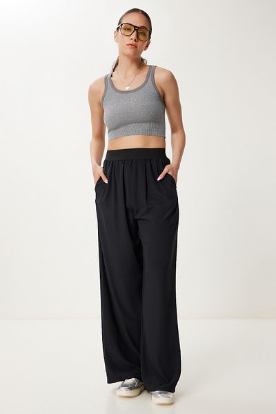 Happiness İstanbul Schwarze, drapierte Sommerhose für Damen mit Taschen US00979