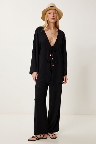 Happiness İstanbul Schwarzer Leinen-Kimono für Damen, lockere Palazzo-Hose, Anzug RV00208