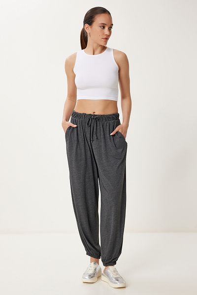 Happiness İstanbul Women's Anthracite Laced Comfortable Knitted Baggy Trousers Us00980