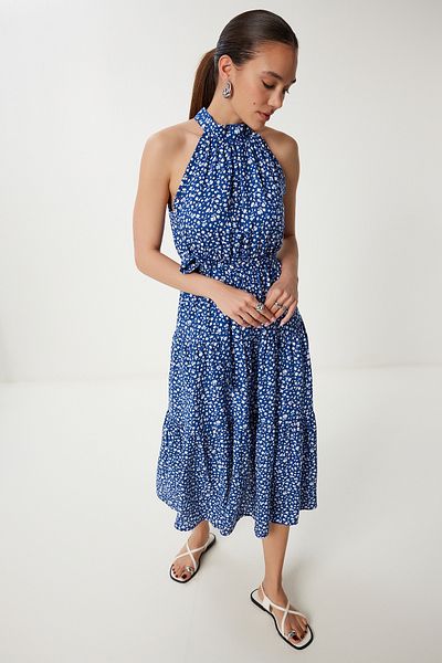 Happiness İstanbul Women's Navy Blue Halter Neck Floral Summer Viscose Dress An00238