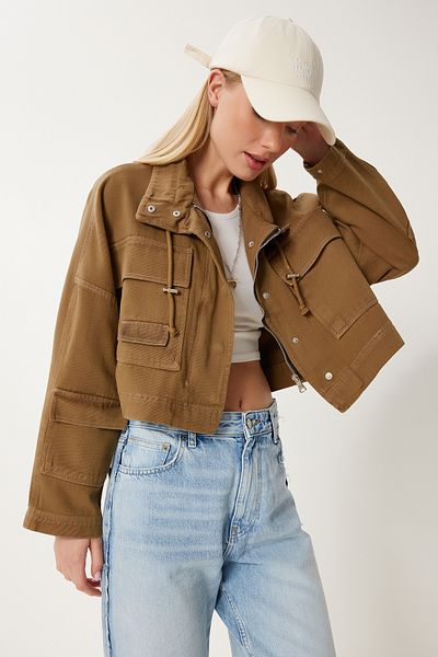 Happiness İstanbul Khakifarbene Gabardine-Jacke mit Taschen für Damen SA00042