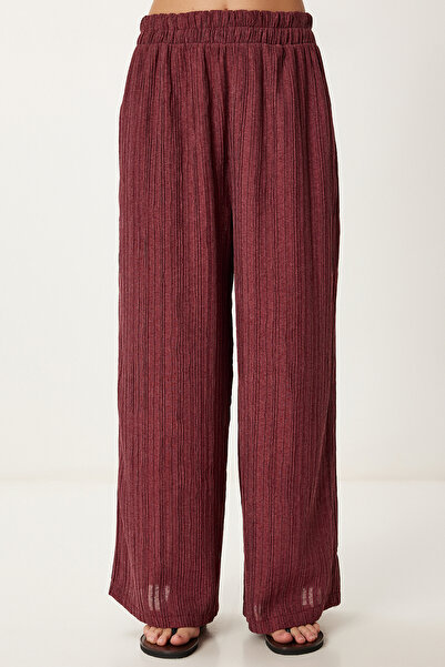 Happiness İstanbul Women's Burgundy Linen Blend Tie Blouse Palazzo Pants Set Rv00207