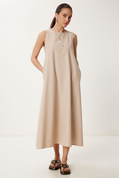 Happiness İstanbul Beigefarbenes, lockeres, bequemes Sommer-Maxi-Webkleid für Damen MX00182